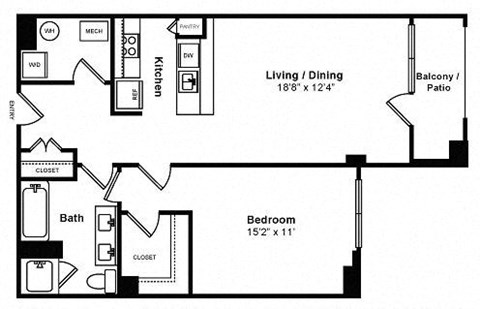 Floor plan for 1 bed, 1 bath, 792 sqft